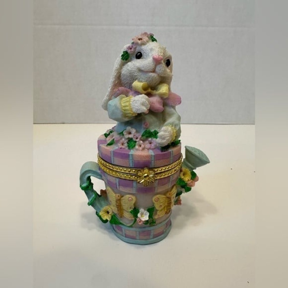 Hand Painted Poly-Stone Bunny Rabbit Watering Can Hinged Trinket Box Easter